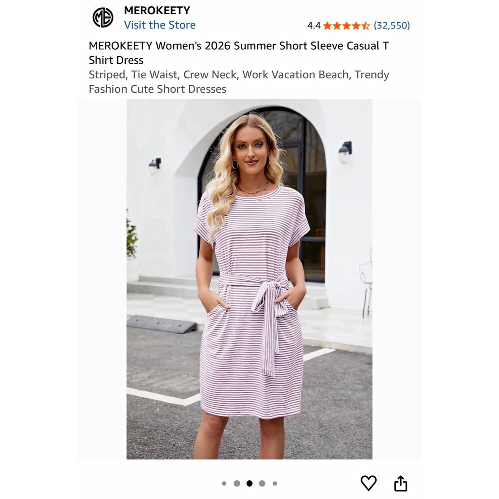 MEROKEETY Women’s Pink/White Striped T-Shirt Dress Tie Waist Pockets M